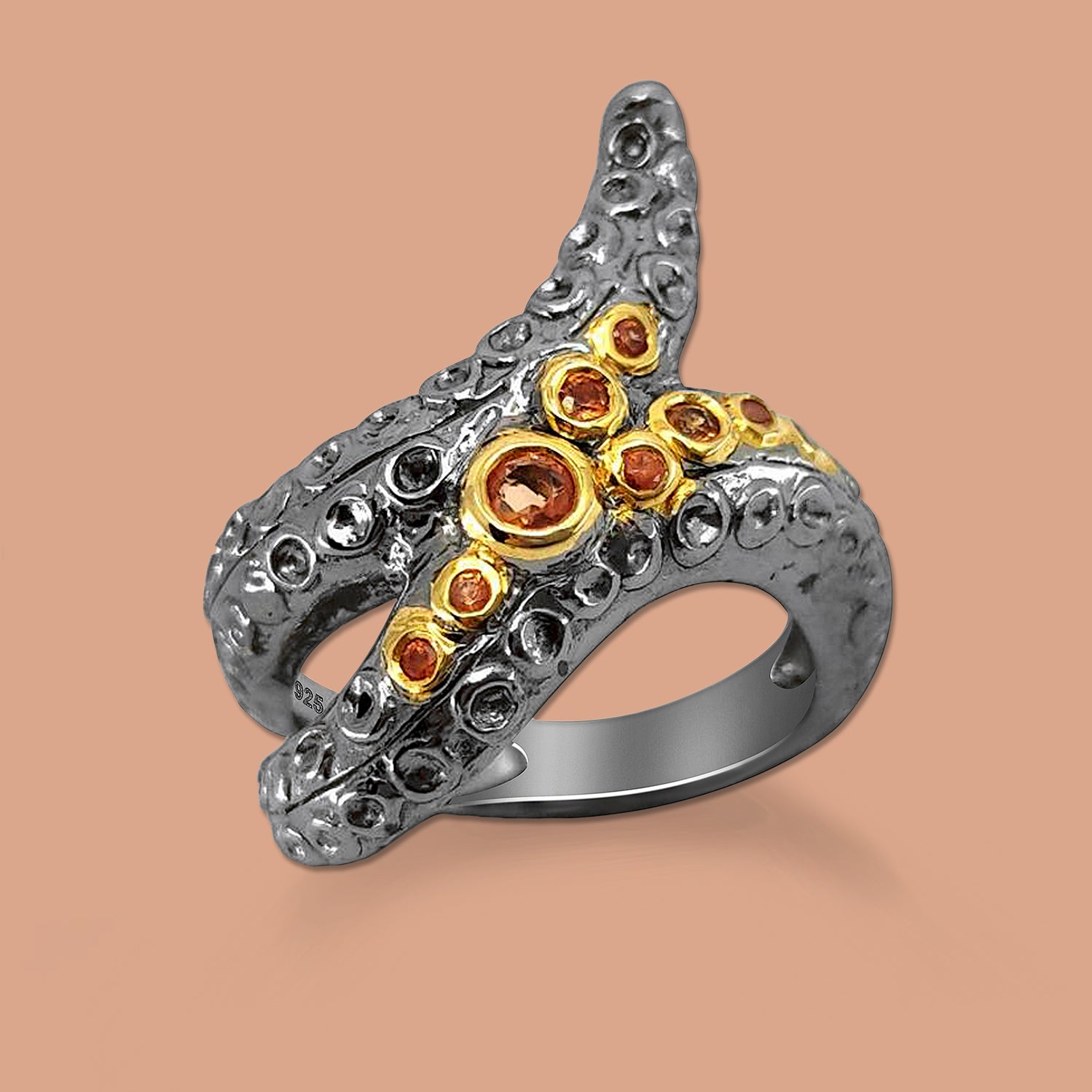 Black ring, Silver Ring, Orange Sapphire