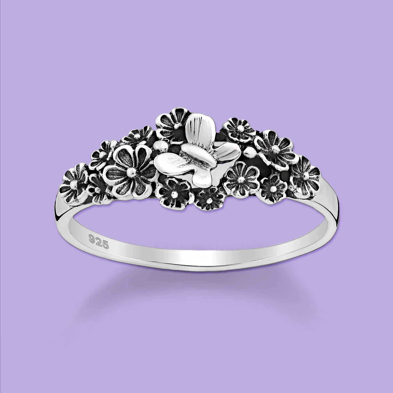 Butterfly and Flower Silver Ring