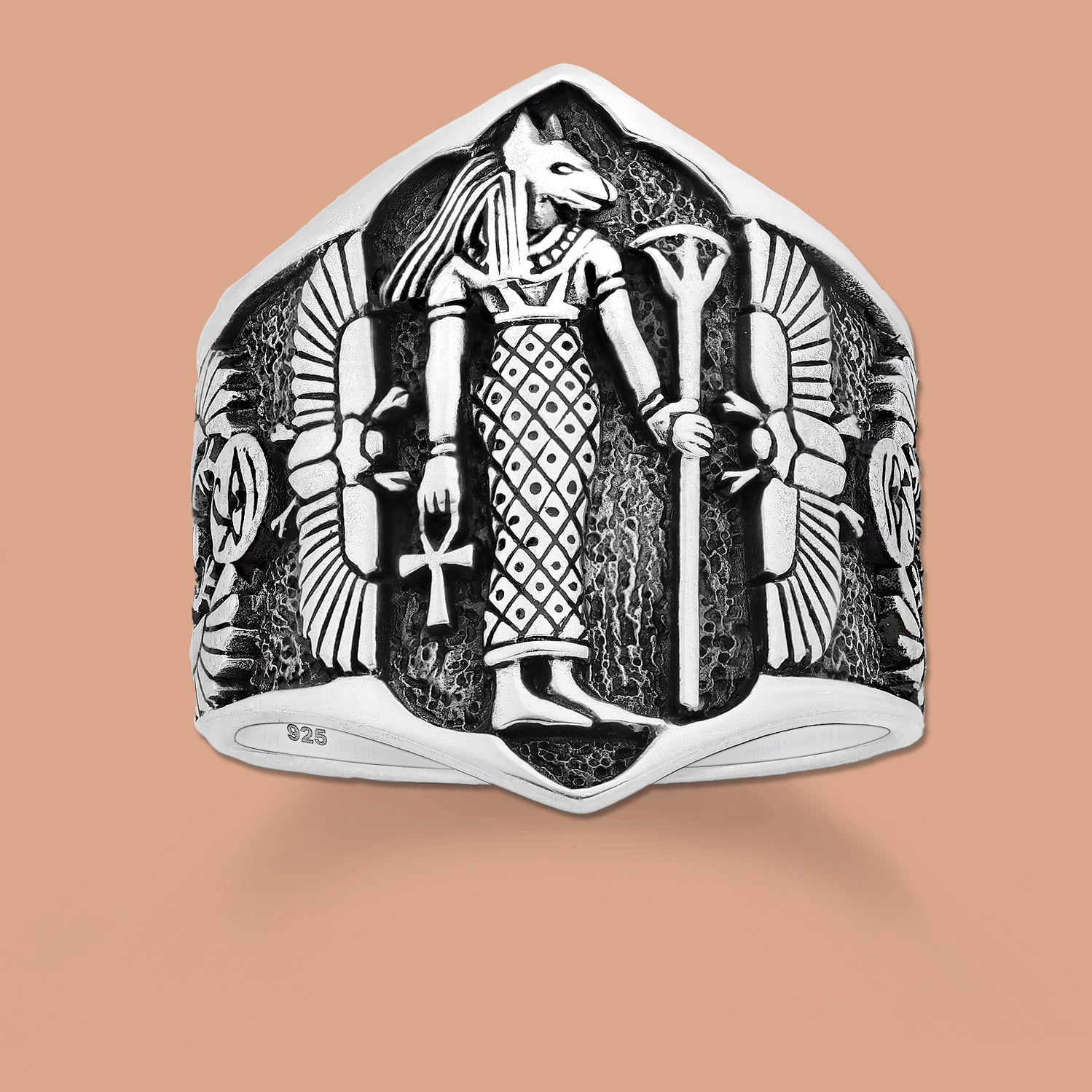  Egyptian Scarab Beetle and Cross Ring, silver ring