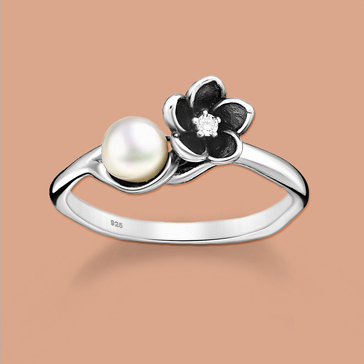 Flower Ring with Freshwater Pearl and CZ