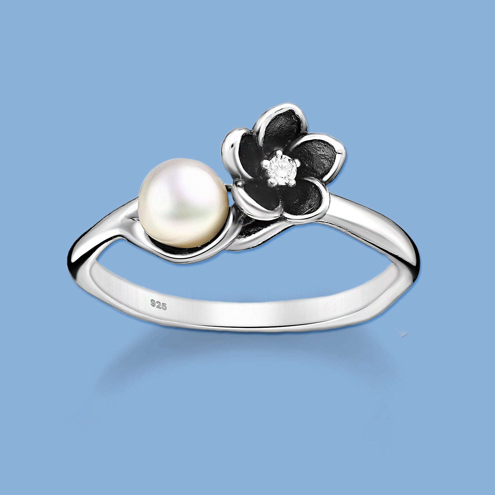 Flower Ring with Freshwater Pearl and CZ