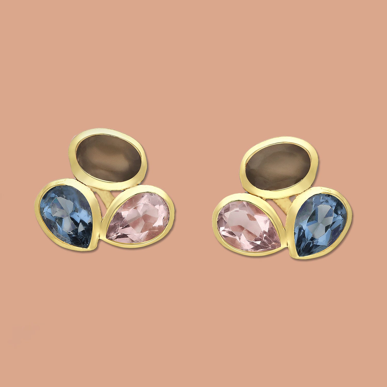 Iolite, Rhodonite, Moonstone earrings, stud earrings, gold earrings