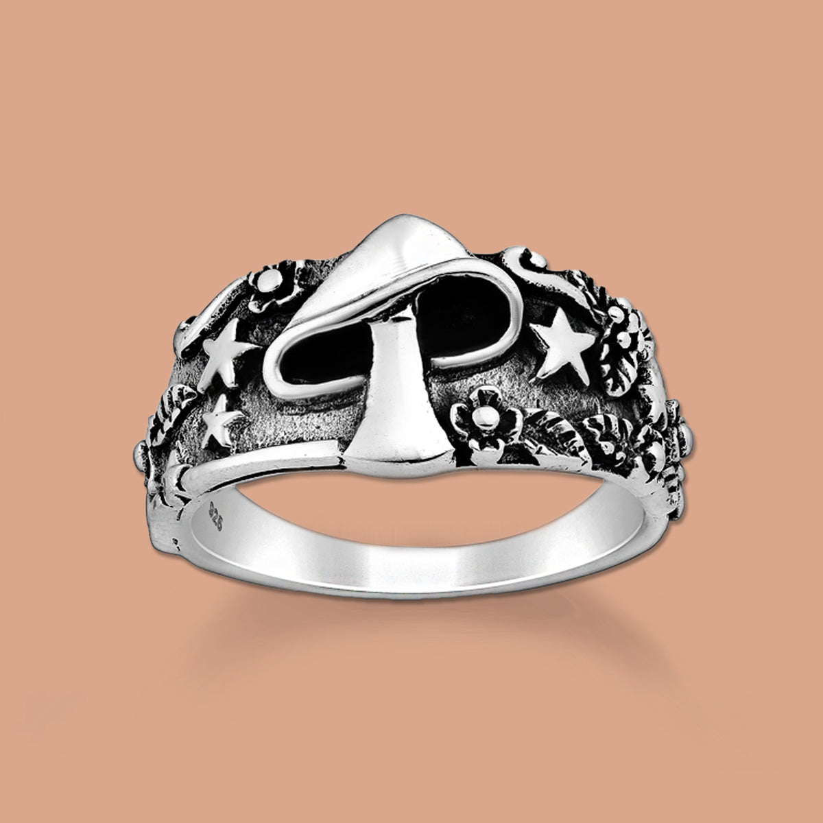 Mushroom, Star and Flower Silver Ring