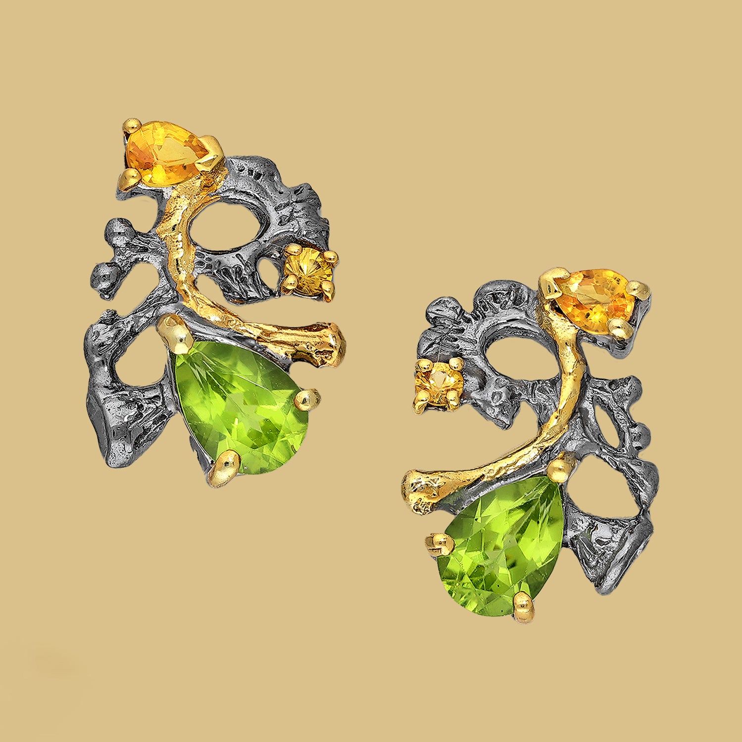 Peridot earrings, Yellow Sapphire earrings,  black earrings