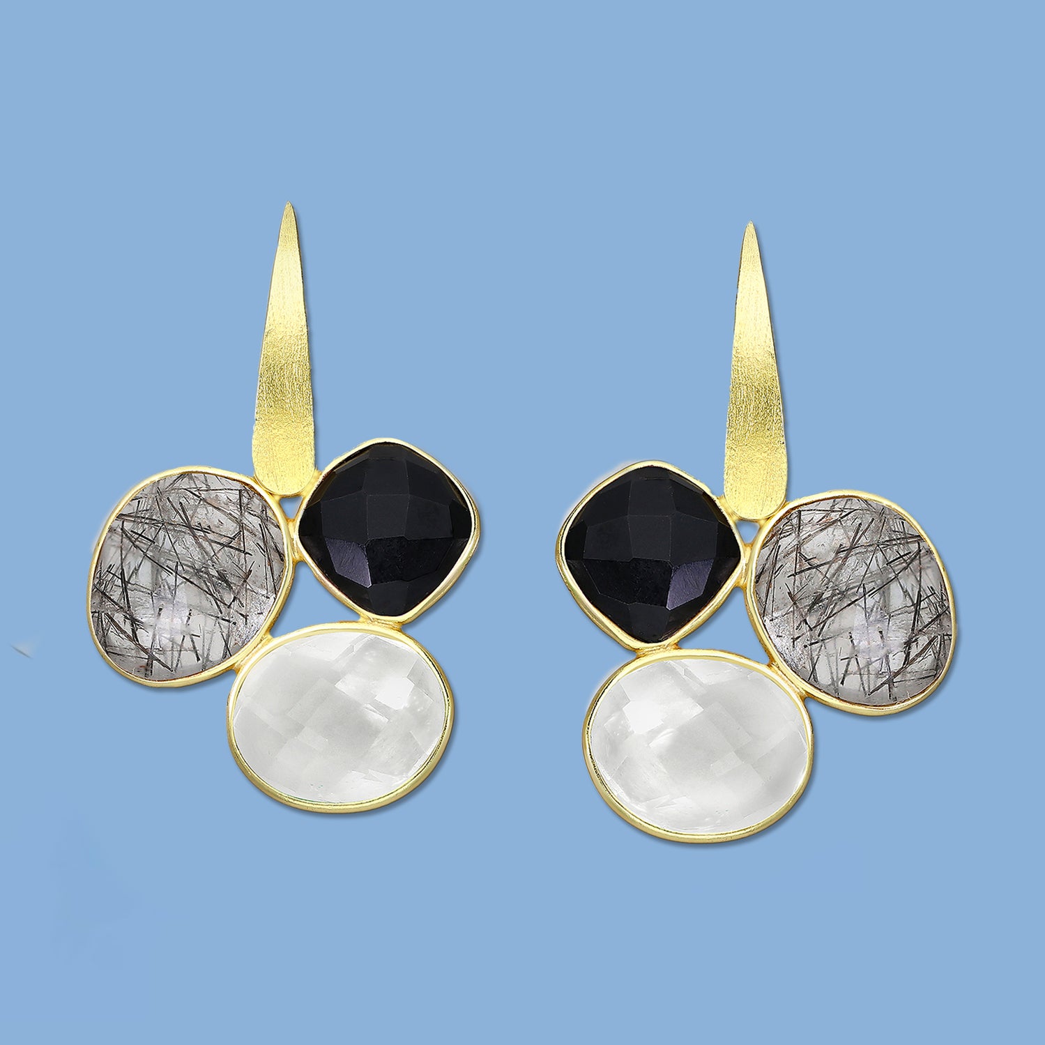 Quartz, Moonstone and Onyx earrings, stud earrings