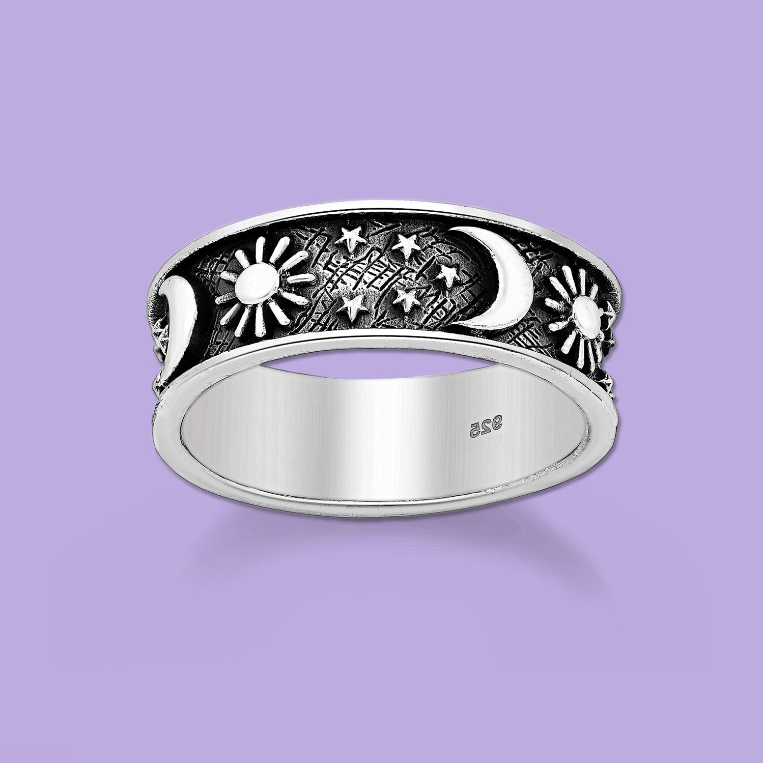 Silver Band Ring ,Crescent Moon, Star and Sun Ring