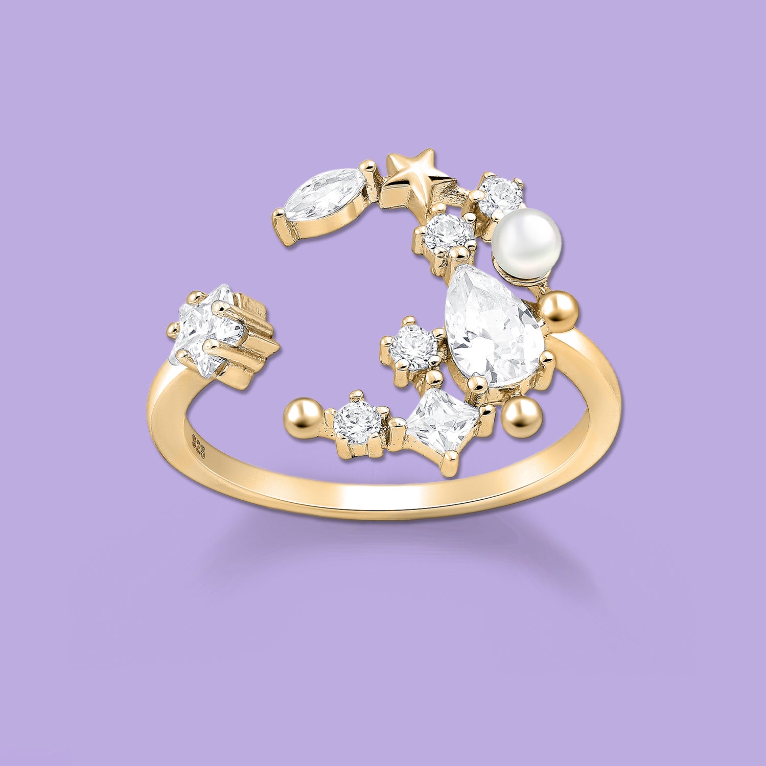 Gold Moon and Star Ring 