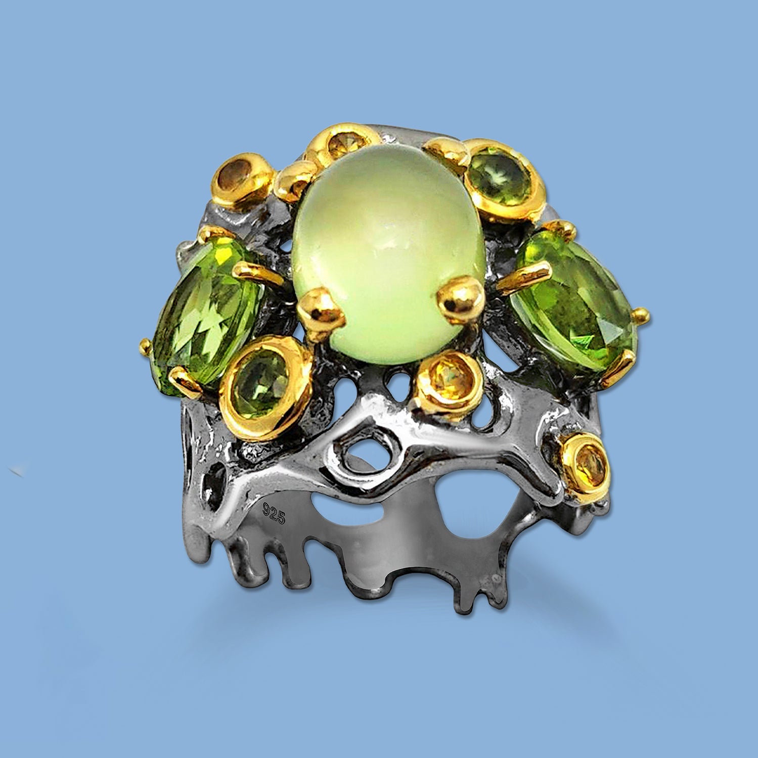 Silver Ring, Black Ring,  Sapphire, Peridot