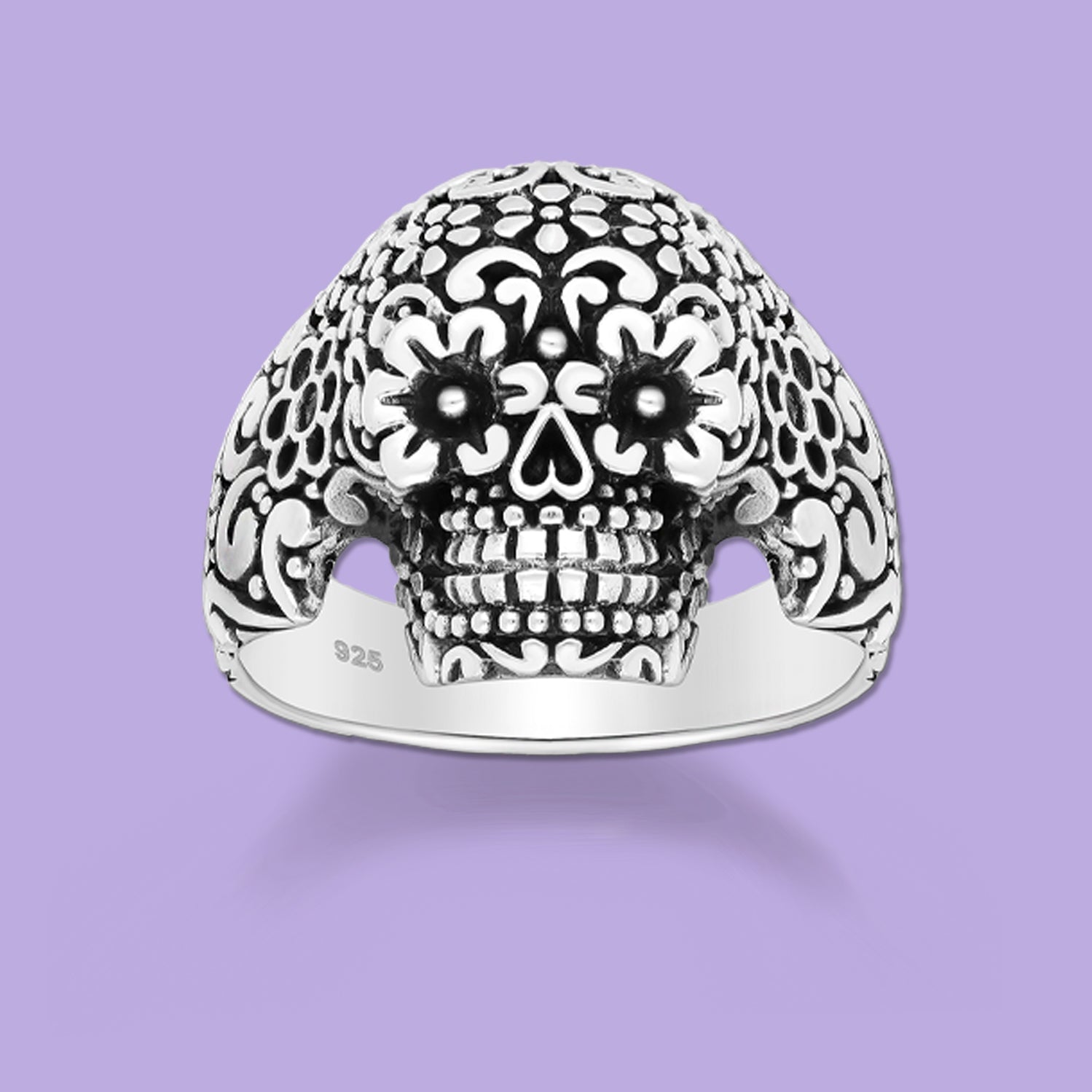 Skull and Flower Silver Ring