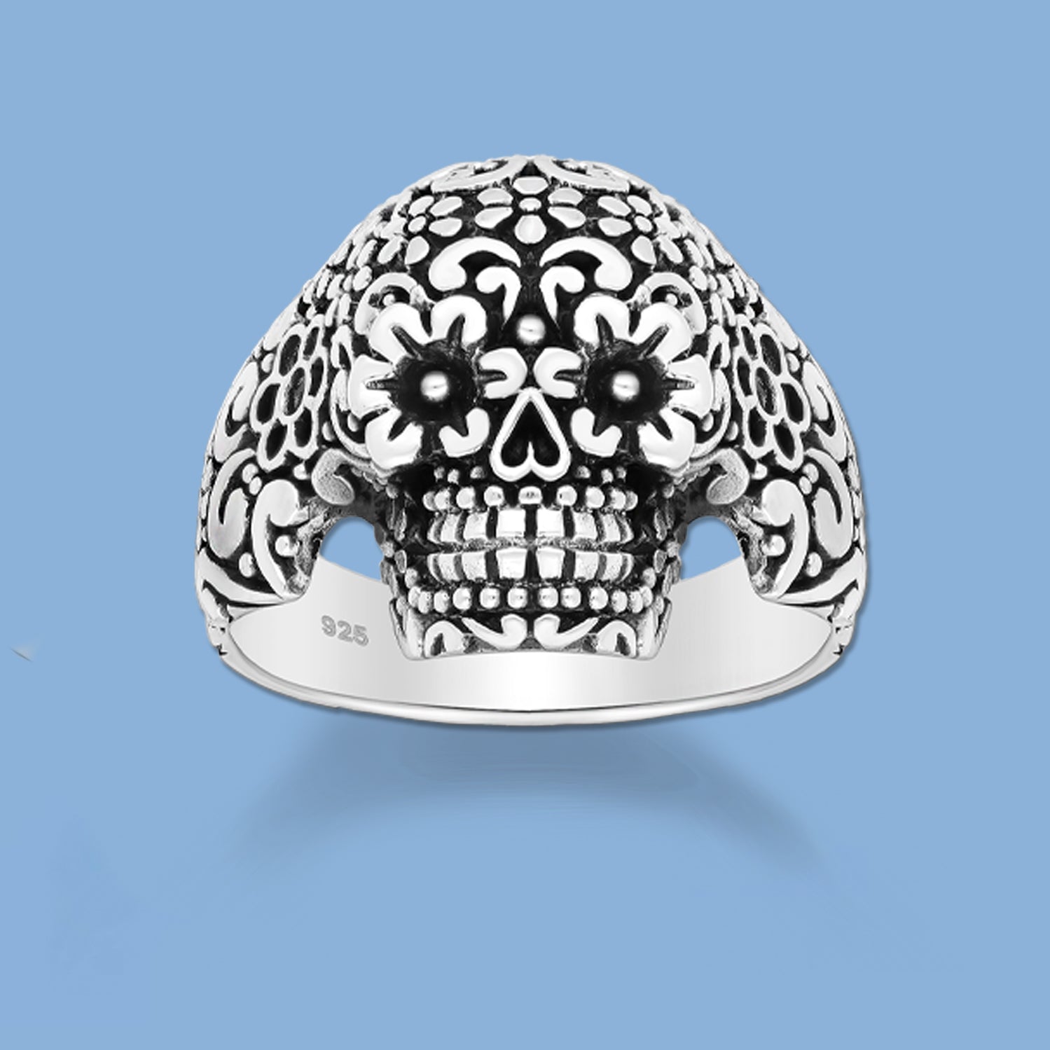 Skull and Flower Silver Ring, gothic ring